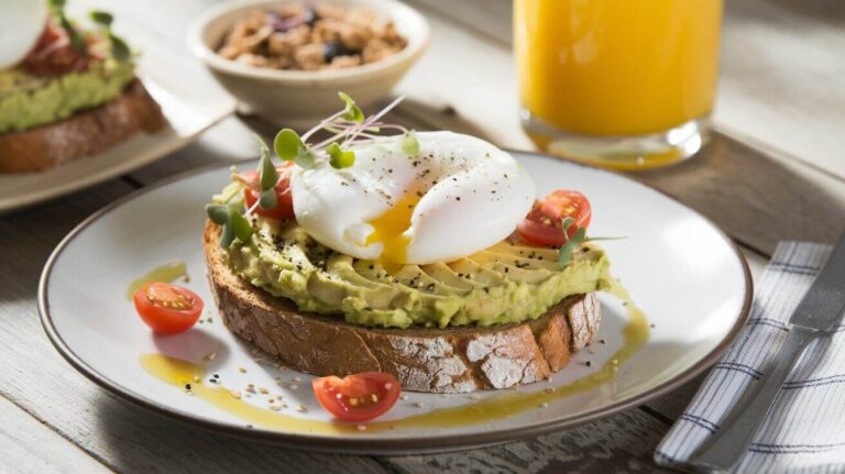 Avocado Toast with Egg served on whole-grain bread with fresh toppings