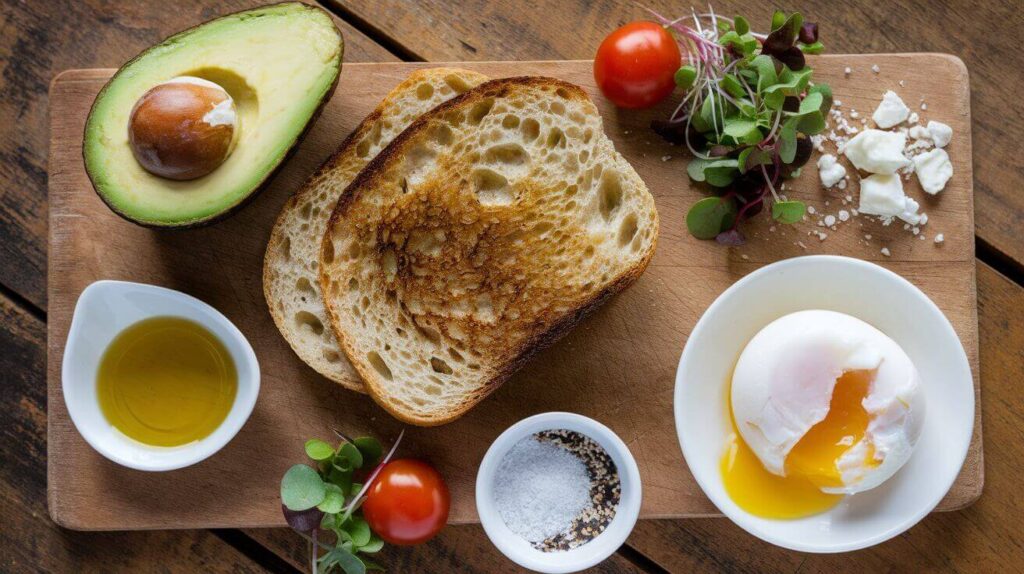 Avocado Toast with Egg served on whole-grain bread with fresh toppings, ingredient