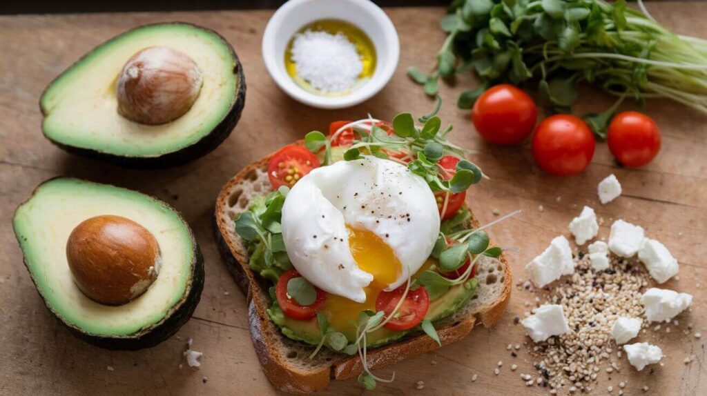 Avocado Toast with Egg ingredient served on whole-grain bread with fresh toppings