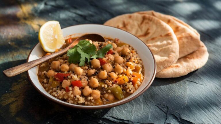 Moroccan Chickpea & Quinoa Stew served in a bowl with aromatic spices.