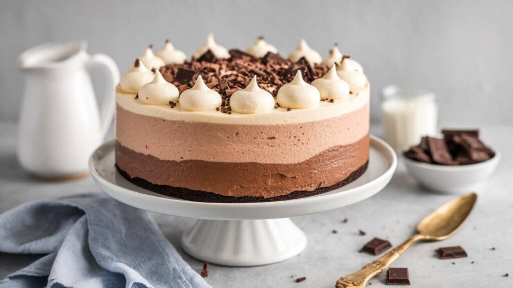 Rich And Fragrant Triple Chocolate Mousse Cake , A springform pan filled with a pressed chocolate cookie crust, ready for the mousse layers