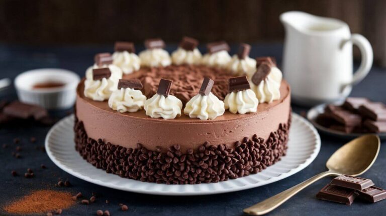 A slice of triple chocolate mousse cake with layers of dark, milk, and white chocolate mousse, garnished with chocolate shavings and fresh berries on a white plate