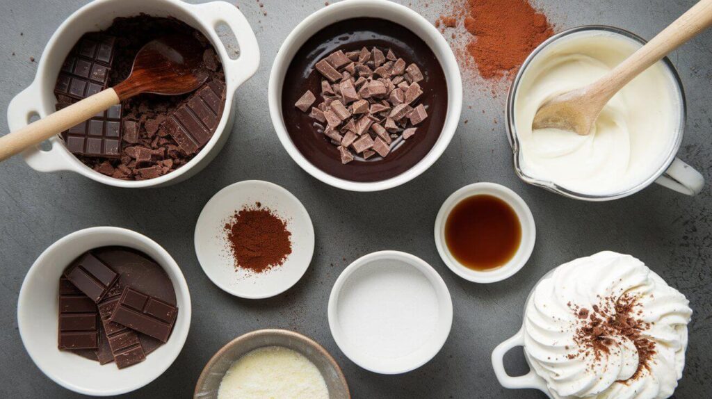 Assorted ingredients for a triple chocolate mousse cake, including chocolate cookies, dark, milk, and white chocolate bars, heavy cream, and butter, arranged neatly on a kitchen counter.