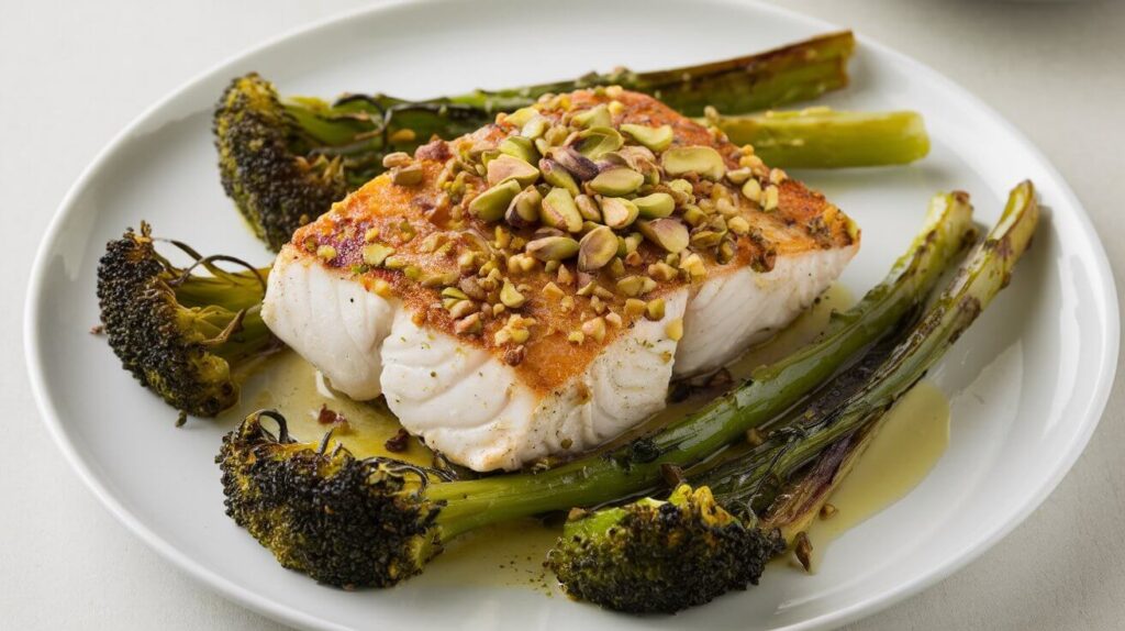 Pistachio-Crusted Halibut With Broccolini